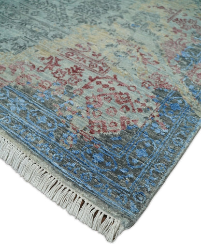 Alfombra antigua de lana y seda, de estilo abstracto moderno, beige y azul, fina, anudada a mano, de 8 x 10 pulgadas | AGR37