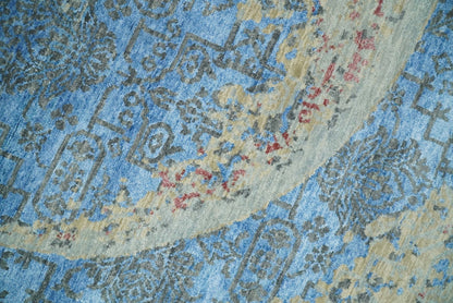 Alfombra antigua de lana y seda, de estilo abstracto moderno, beige y azul, fina, anudada a mano, de 8 x 10 pulgadas | AGR37