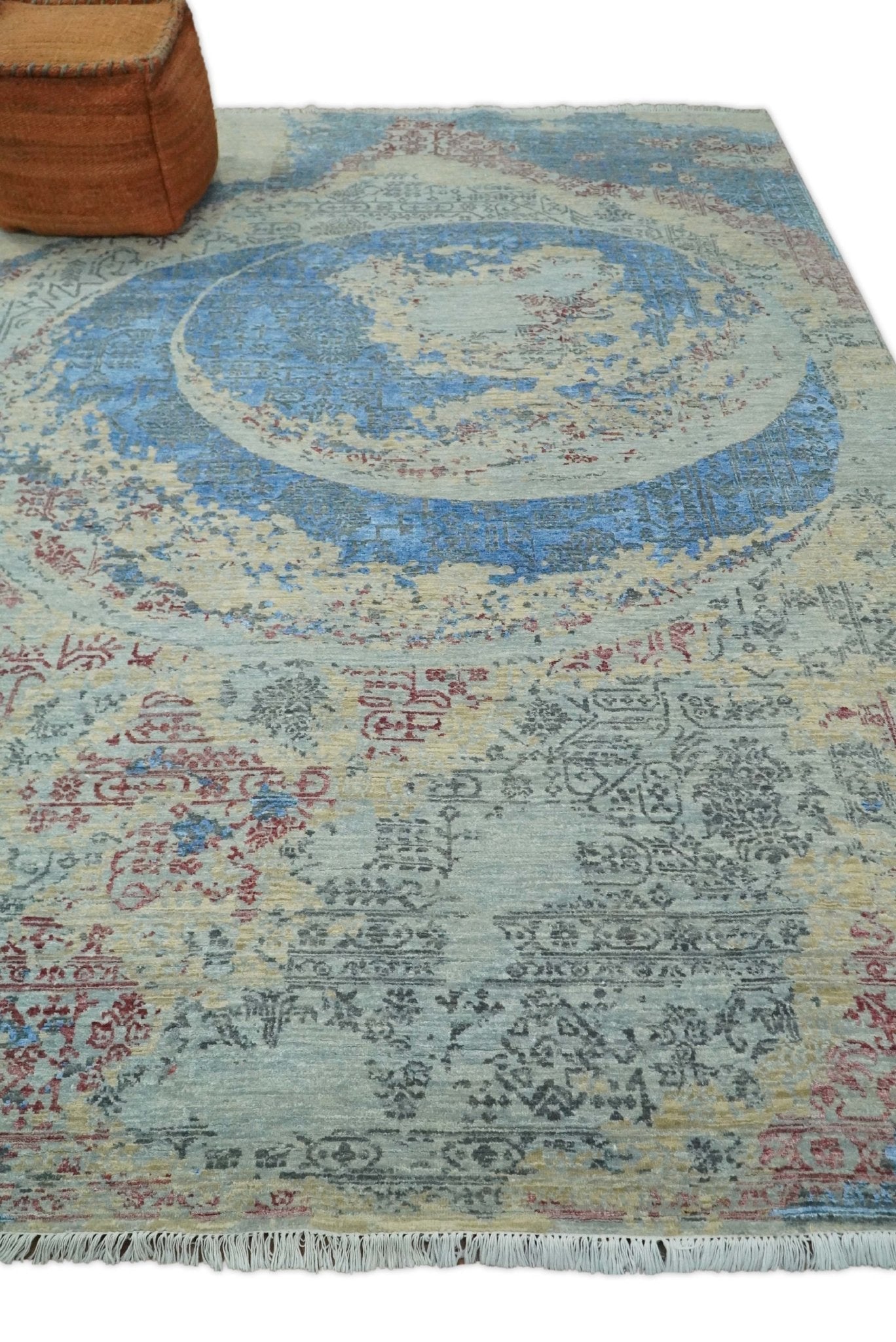 Alfombra antigua de lana y seda, de estilo abstracto moderno, beige y azul, fina, anudada a mano, de 8 x 10 pulgadas | AGR37
