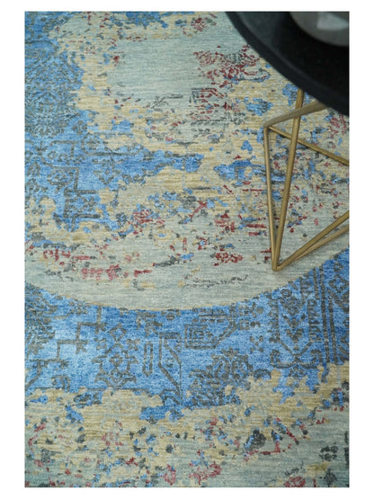 Alfombra antigua de lana y seda, de estilo abstracto moderno, beige y azul, fina, anudada a mano, de 8 x 10 pulgadas | AGR37