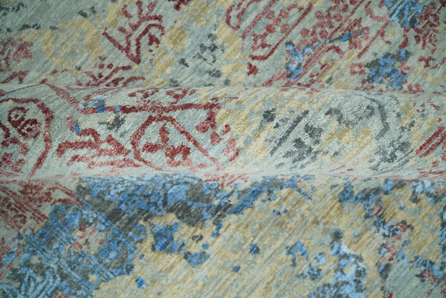 Alfombra antigua de lana y seda, de estilo abstracto moderno, beige y azul, fina, anudada a mano, de 8 x 10 pulgadas | AGR37