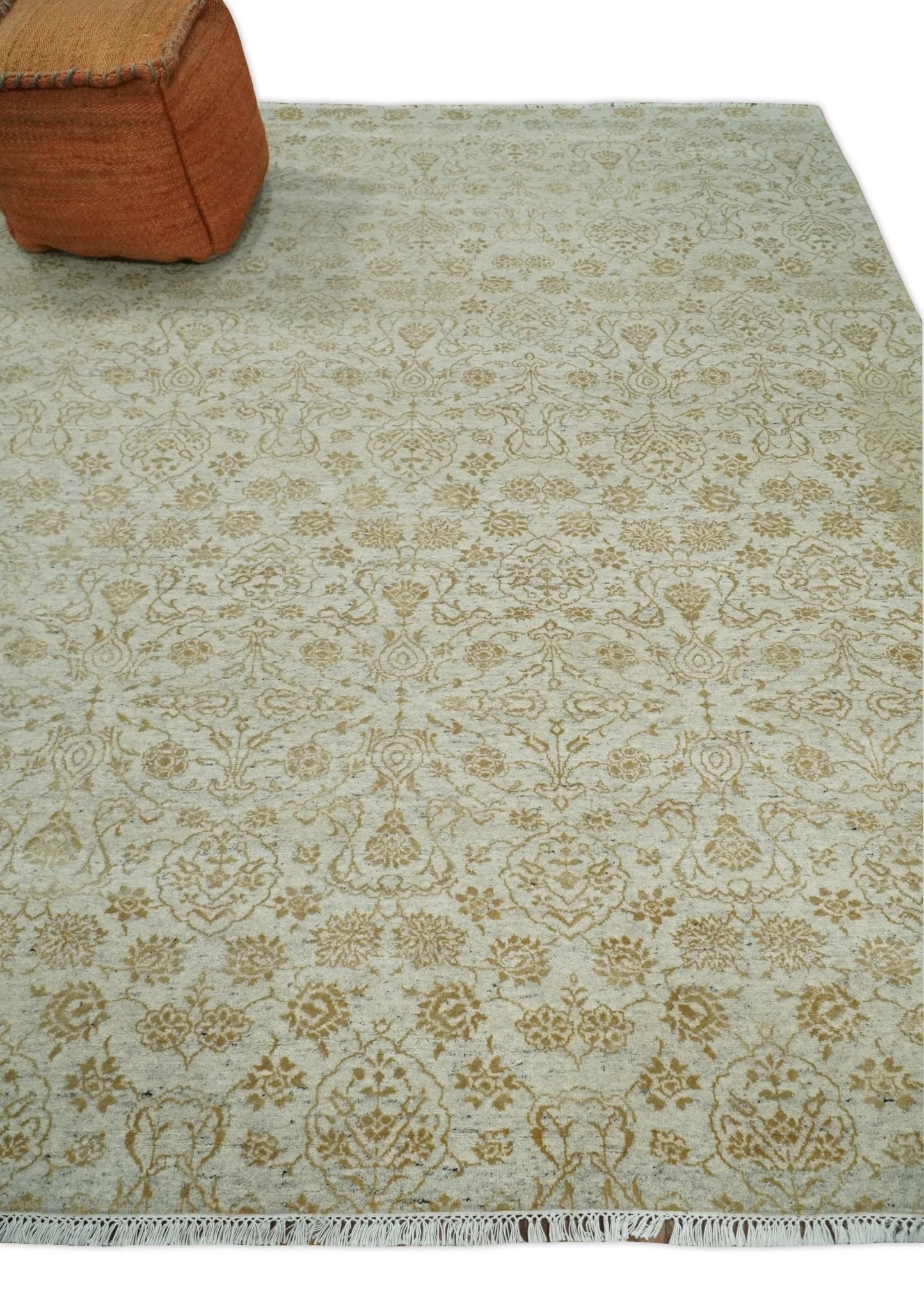 Alfombra antigua de seda persa tradicional, anudada a mano, de 8 x 10 pulgadas, en beige y dorado | AGR21
