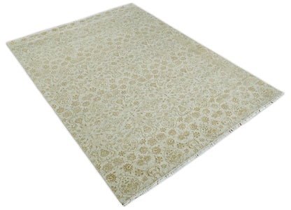 Alfombra antigua de seda persa tradicional, anudada a mano, de 8 x 10 pulgadas, en beige y dorado | AGR21