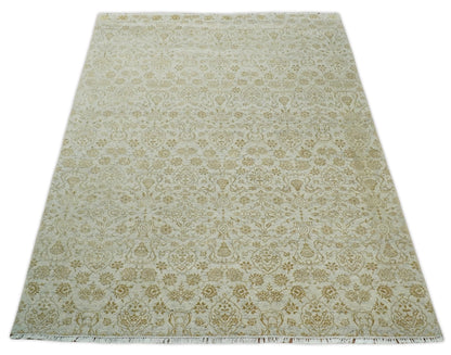 Alfombra antigua de seda persa tradicional, anudada a mano, de 8 x 10 pulgadas, en beige y dorado | AGR21