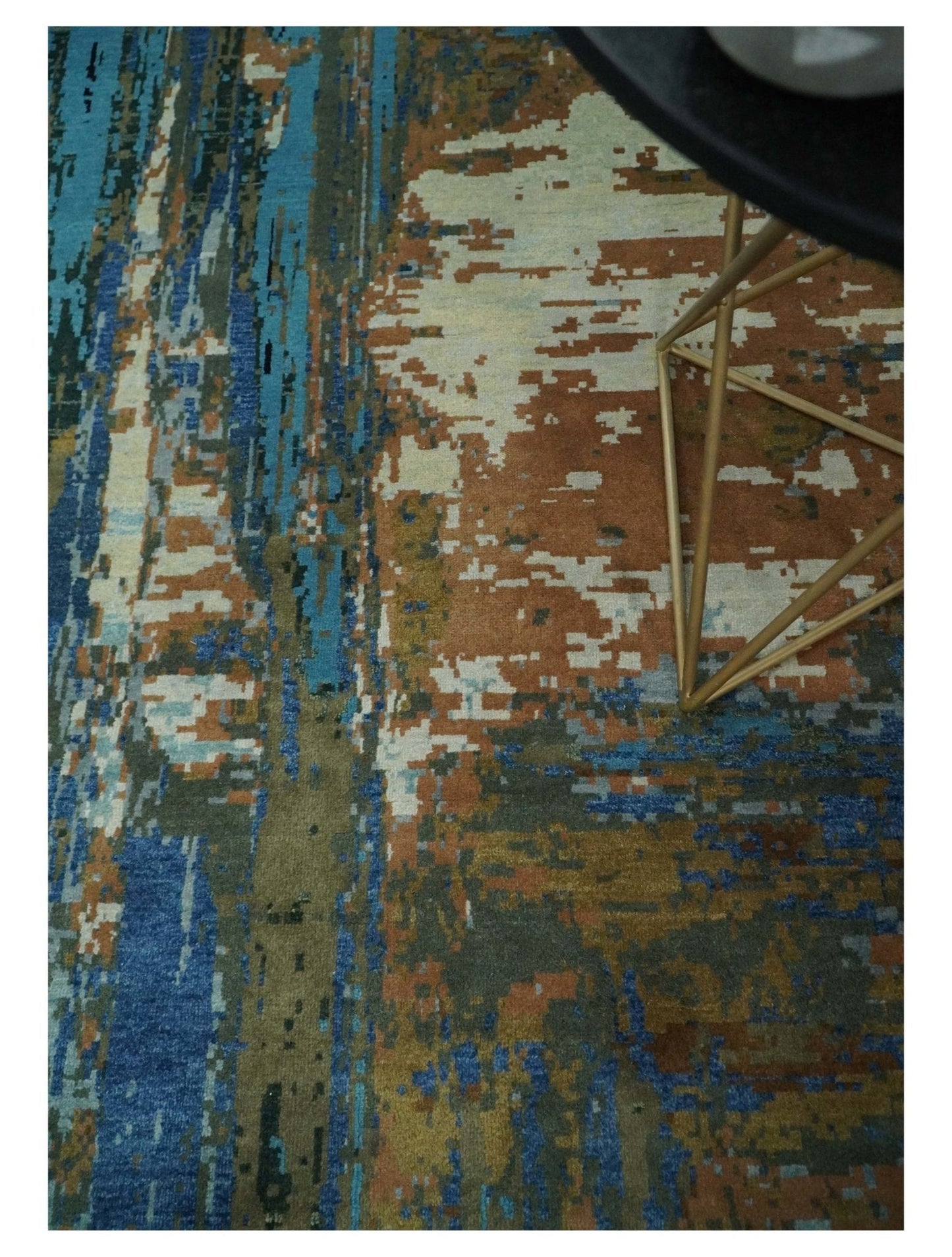 Alfombra abstracta moderna de lana azul y marrón, fina, anudada a mano, de 8 x 10 pulgadas | AGR42