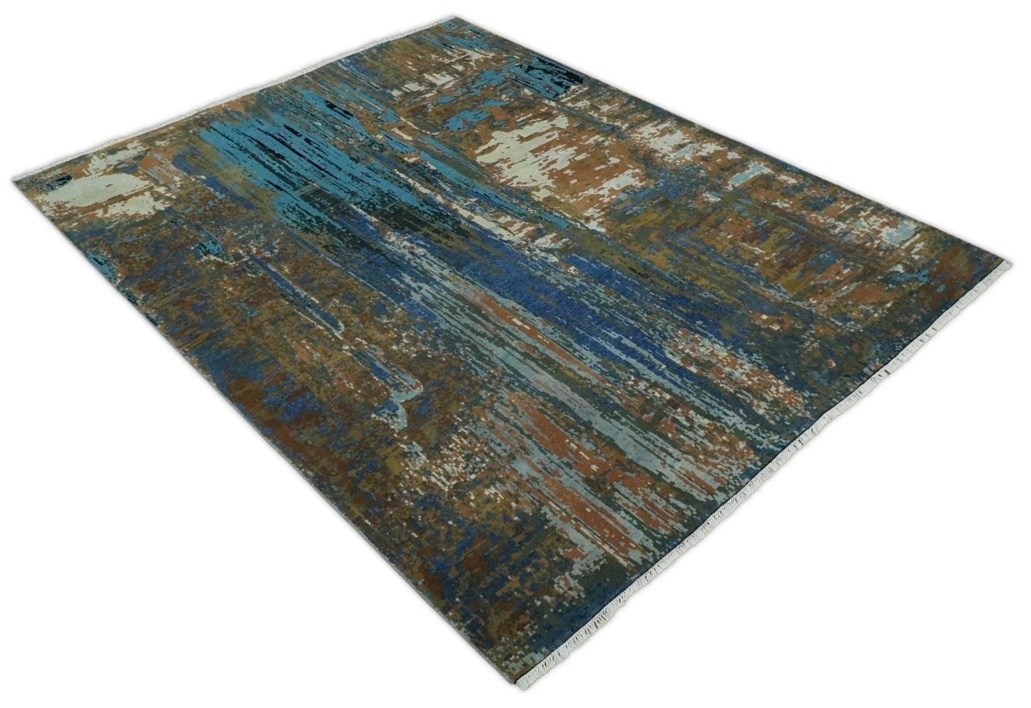 Alfombra abstracta moderna de lana azul y marrón, fina, anudada a mano, de 8 x 10 pulgadas | AGR42