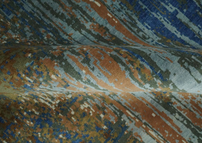 Alfombra abstracta moderna de lana azul y marrón, fina, anudada a mano, de 8 x 10 pulgadas | AGR42