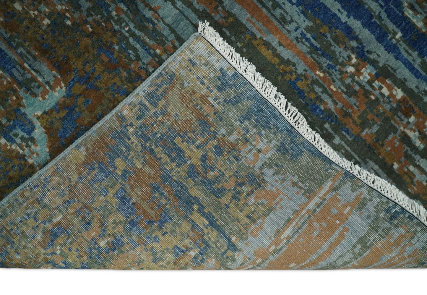 Alfombra abstracta moderna de lana azul y marrón, fina, anudada a mano, de 8 x 10 pulgadas | AGR42