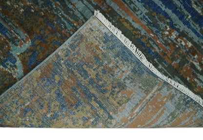 Alfombra abstracta moderna de lana azul y marrón, fina, anudada a mano, de 8 x 10 pulgadas | AGR42