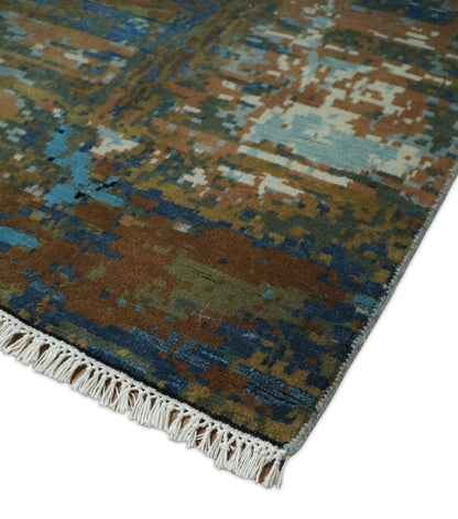 Alfombra abstracta moderna de lana azul y marrón, fina, anudada a mano, de 8 x 10 pulgadas | AGR42