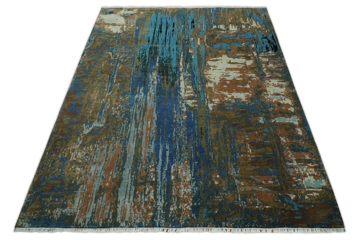Alfombra abstracta moderna de lana azul y marrón, fina, anudada a mano, de 8 x 10 pulgadas | AGR42