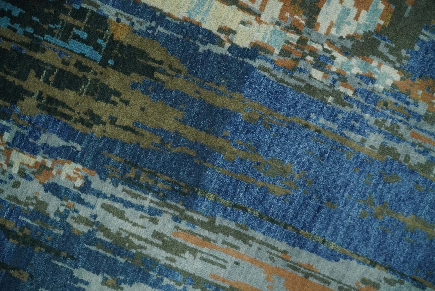 Alfombra abstracta moderna de lana azul y marrón, fina, anudada a mano, de 8 x 10 pulgadas | AGR42