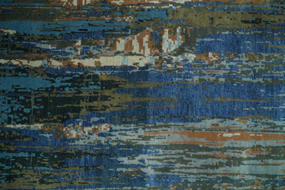 Alfombra abstracta moderna de lana azul y marrón, fina, anudada a mano, de 8 x 10 pulgadas | AGR42