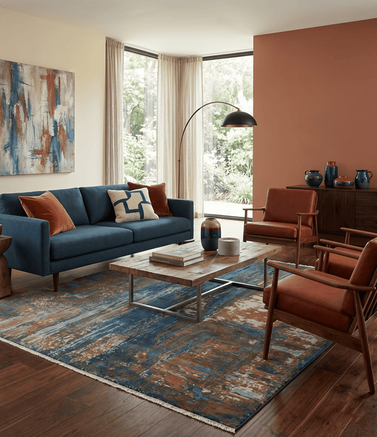 8x10 hand-knotted wool area rug in blue and brown with abstract pattern by The Rug Decor on Tampa Home & Garden Store