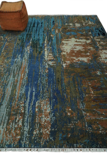 Alfombra abstracta moderna de lana azul y marrón, fina, anudada a mano, de 8 x 10 pulgadas | AGR42
