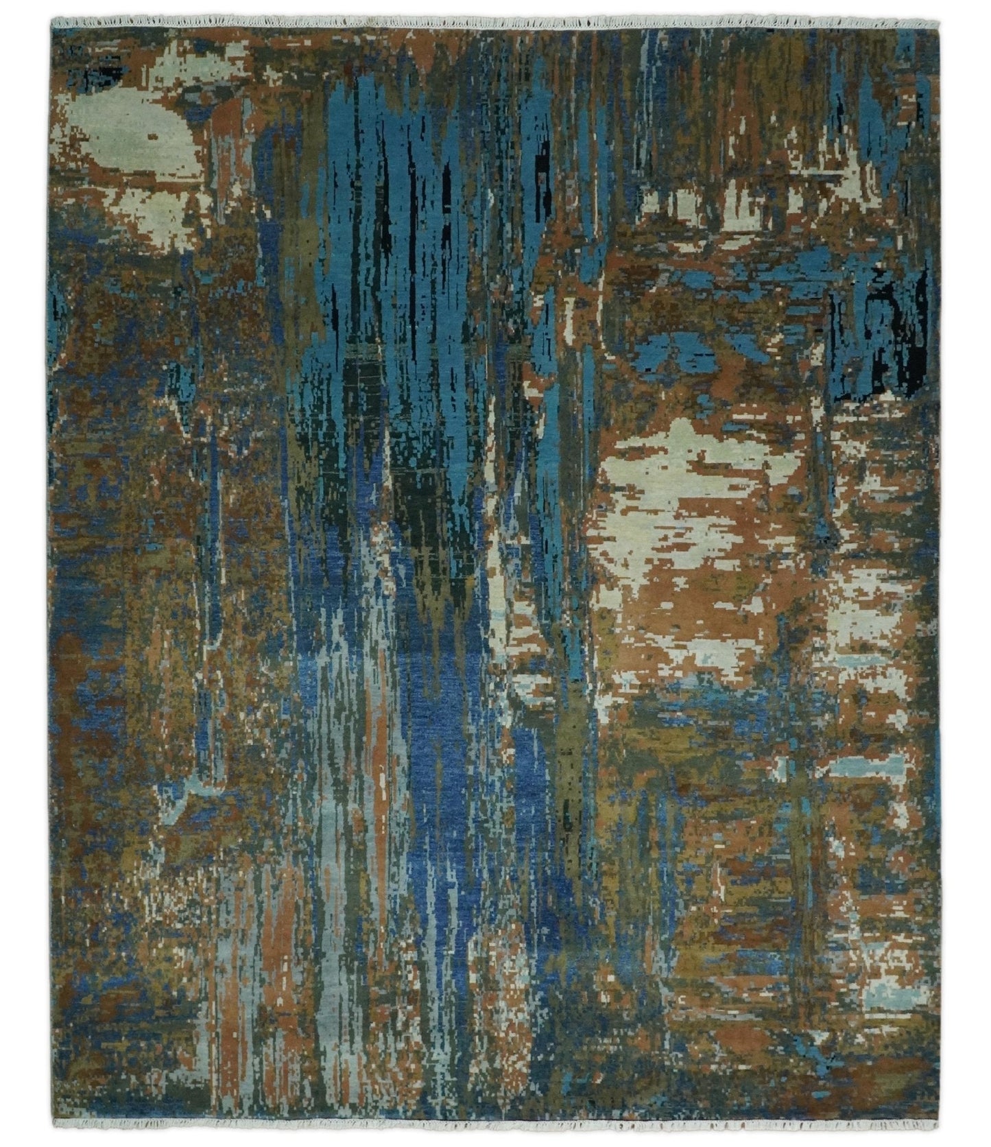 Alfombra abstracta moderna de lana azul y marrón, fina, anudada a mano, de 8 x 10 pulgadas | AGR42