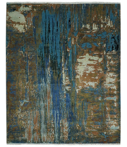 Alfombra abstracta moderna de lana azul y marrón, fina, anudada a mano, de 8 x 10 pulgadas | AGR42
