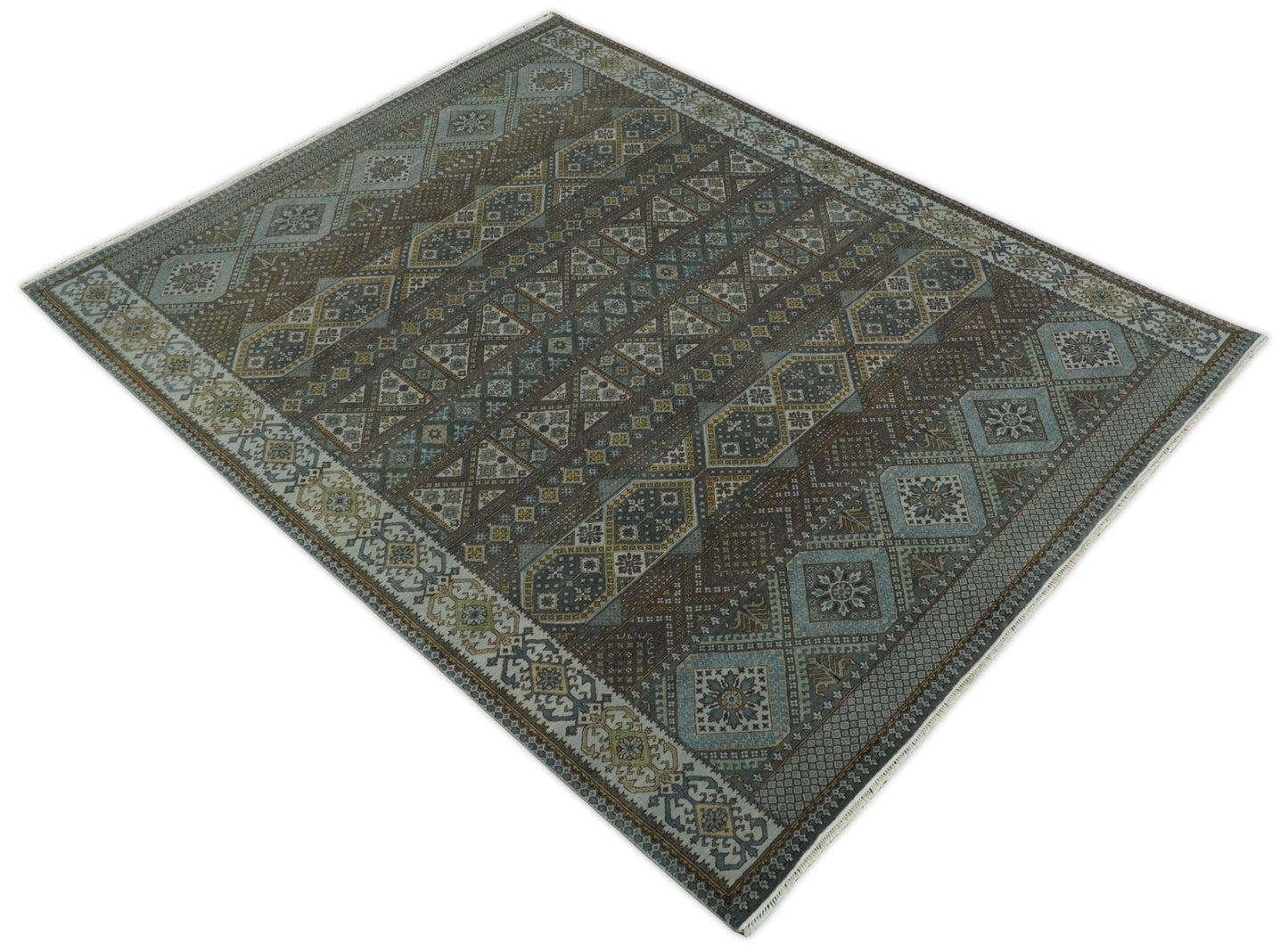 Alfombra antigua tradicional del suroeste, fina, anudada a mano, de 8 x 10 pulgadas, en marrón y azul | AGR41