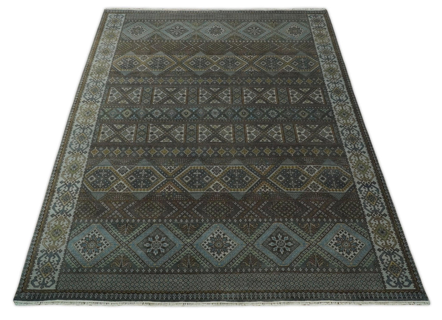 Alfombra antigua tradicional del suroeste, fina, anudada a mano, de 8 x 10 pulgadas, en marrón y azul | AGR41