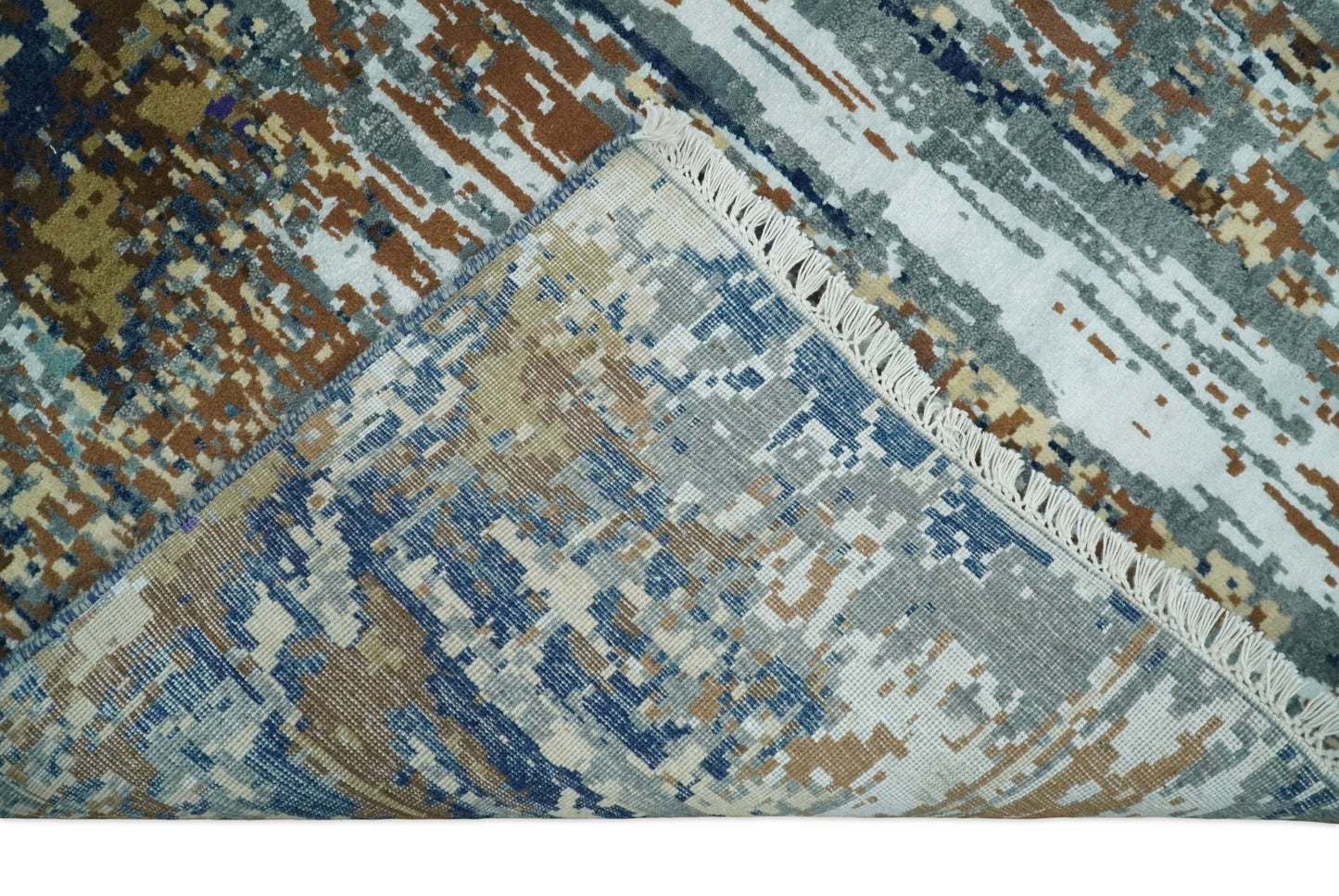 Alfombra abstracta moderna de lana y seda de bambú, anudada a mano, de 8 x 10 pulgadas, en marrón, multicolor | AGR19
