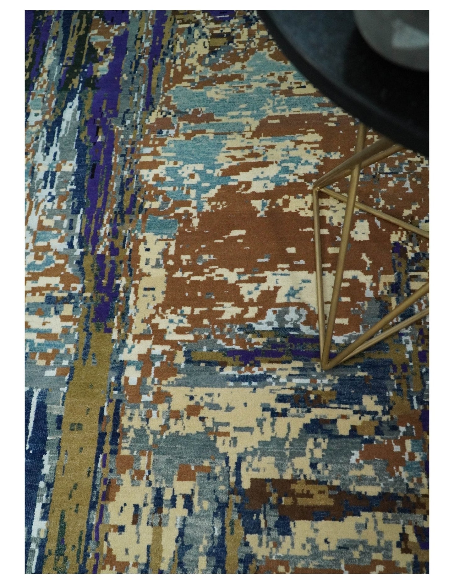 Alfombra abstracta moderna de lana y seda de bambú, anudada a mano, de 8 x 10 pulgadas, en marrón, multicolor | AGR19