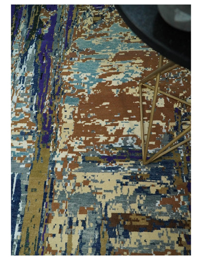 Alfombra abstracta moderna de lana y seda de bambú, anudada a mano, de 8 x 10 pulgadas, en marrón, multicolor | AGR19