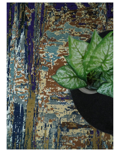 Alfombra abstracta moderna de lana y seda de bambú, anudada a mano, de 8 x 10 pulgadas, en marrón, multicolor | AGR19