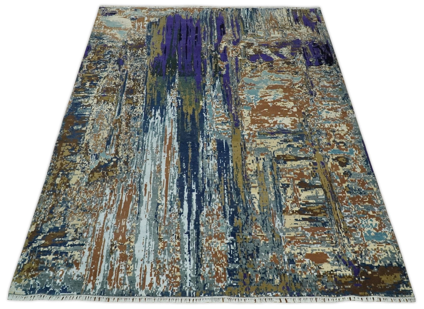 Alfombra abstracta moderna de lana y seda de bambú, anudada a mano, de 8 x 10 pulgadas, en marrón, multicolor | AGR19