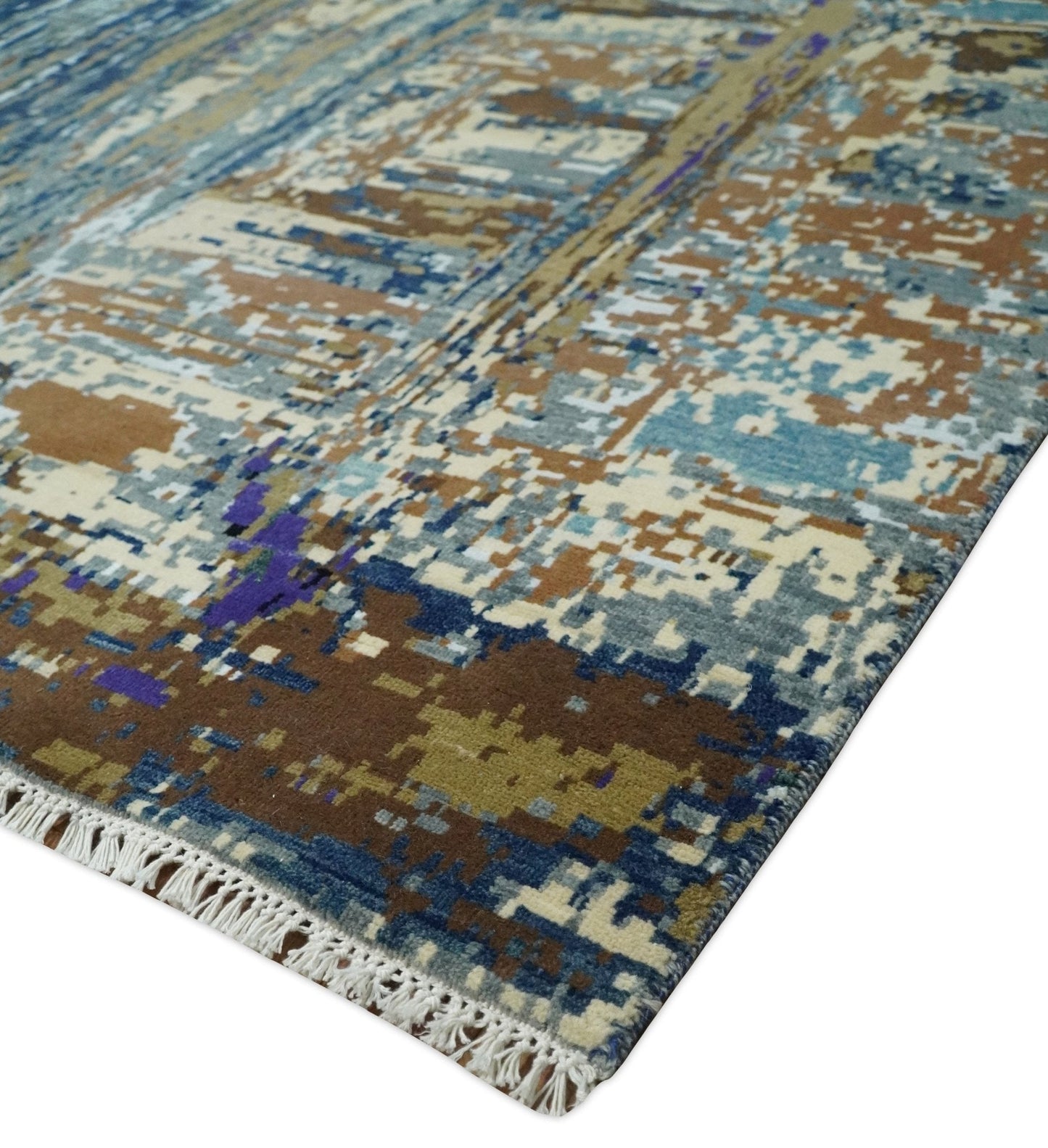 Alfombra abstracta moderna de lana y seda de bambú, anudada a mano, de 8 x 10 pulgadas, en marrón, multicolor | AGR19