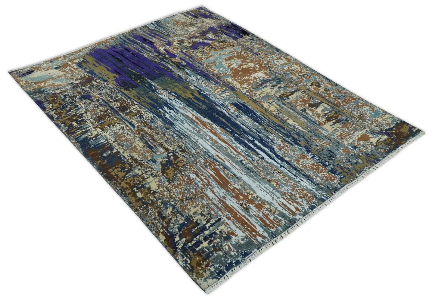 Alfombra abstracta moderna de lana y seda de bambú, anudada a mano, de 8 x 10 pulgadas, en marrón, multicolor | AGR19