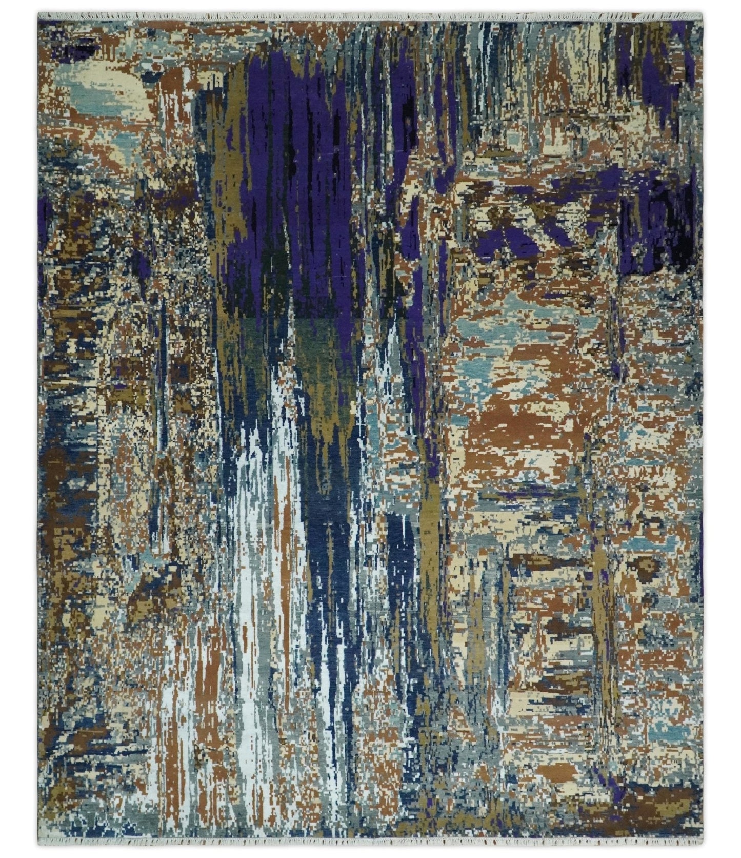 Alfombra abstracta moderna de lana y seda de bambú, anudada a mano, de 8 x 10 pulgadas, en marrón, multicolor | AGR19