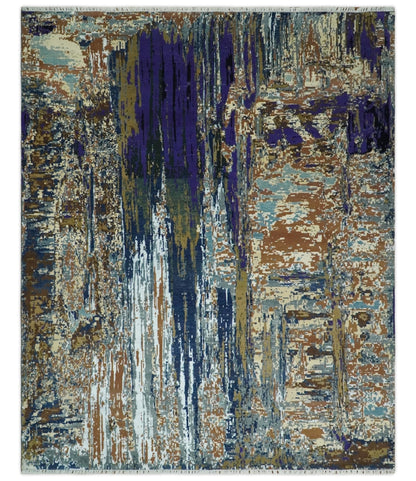 Alfombra abstracta moderna de lana y seda de bambú, anudada a mano, de 8 x 10 pulgadas, en marrón, multicolor | AGR19