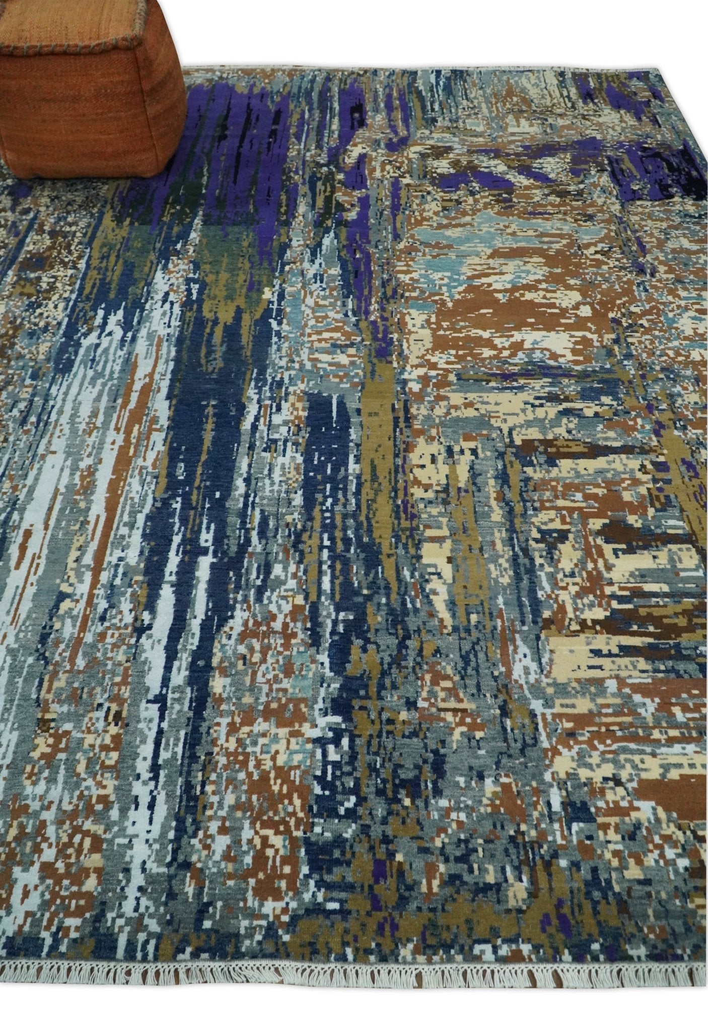 Alfombra abstracta moderna de lana y seda de bambú, anudada a mano, de 8 x 10 pulgadas, en marrón, multicolor | AGR19