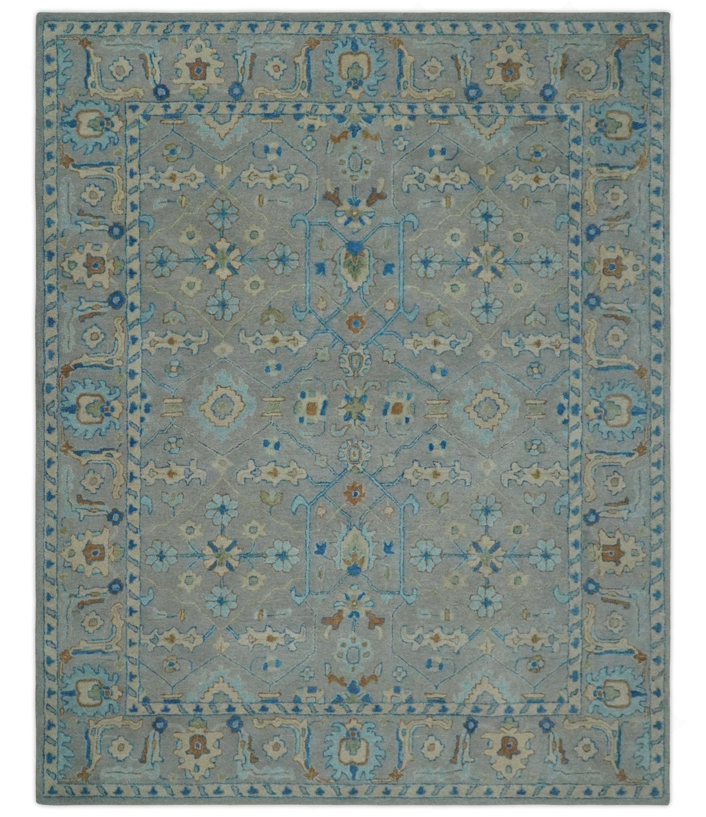 Alfombra tradicional de lana Herati de 8 x 10 pulgadas, hecha a mano, en gris, beige y con detalles en azul.