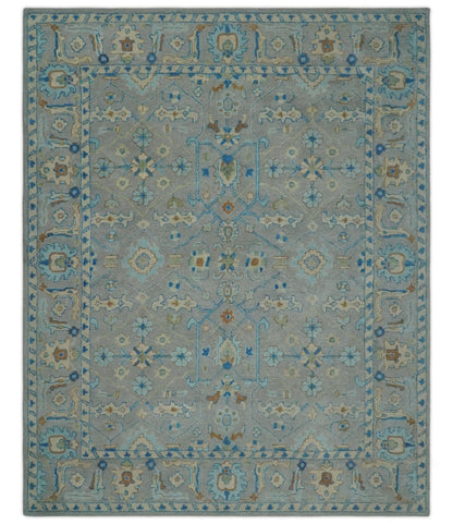 Alfombra tradicional de lana Herati de 8 x 10 pulgadas, hecha a mano, en gris, beige y con detalles en azul.