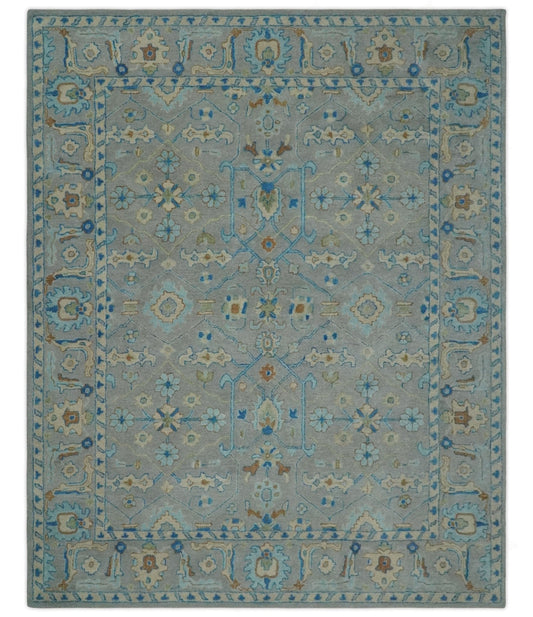 8x10 Hand Tufted Gray, Beige and Accent Blue Traditional Herati Design Wool Rug - Tampa Home & Garden Store