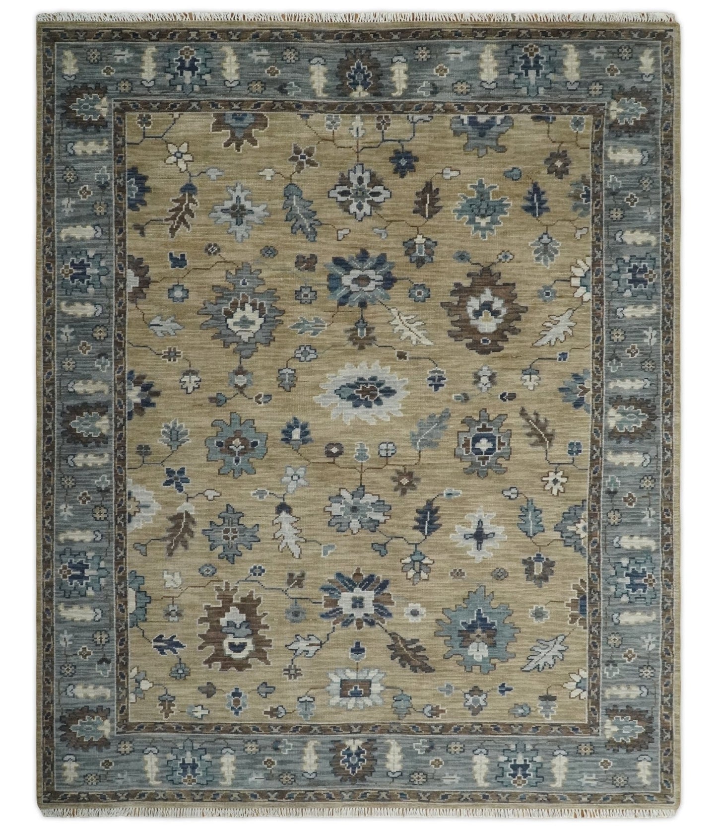 Alfombra tradicional de lana anudada a mano, estilo antiguo, floral, beige y gris, de 8 x 10 pulgadas