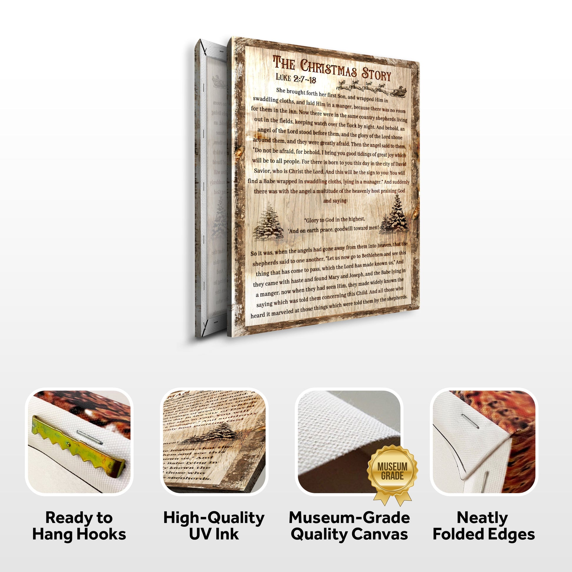 The Christmas Story Sign II canvas with rustic wood frame and Luke 2:7–18 verse Tailored Canvases on Tampa Home & Garden Store