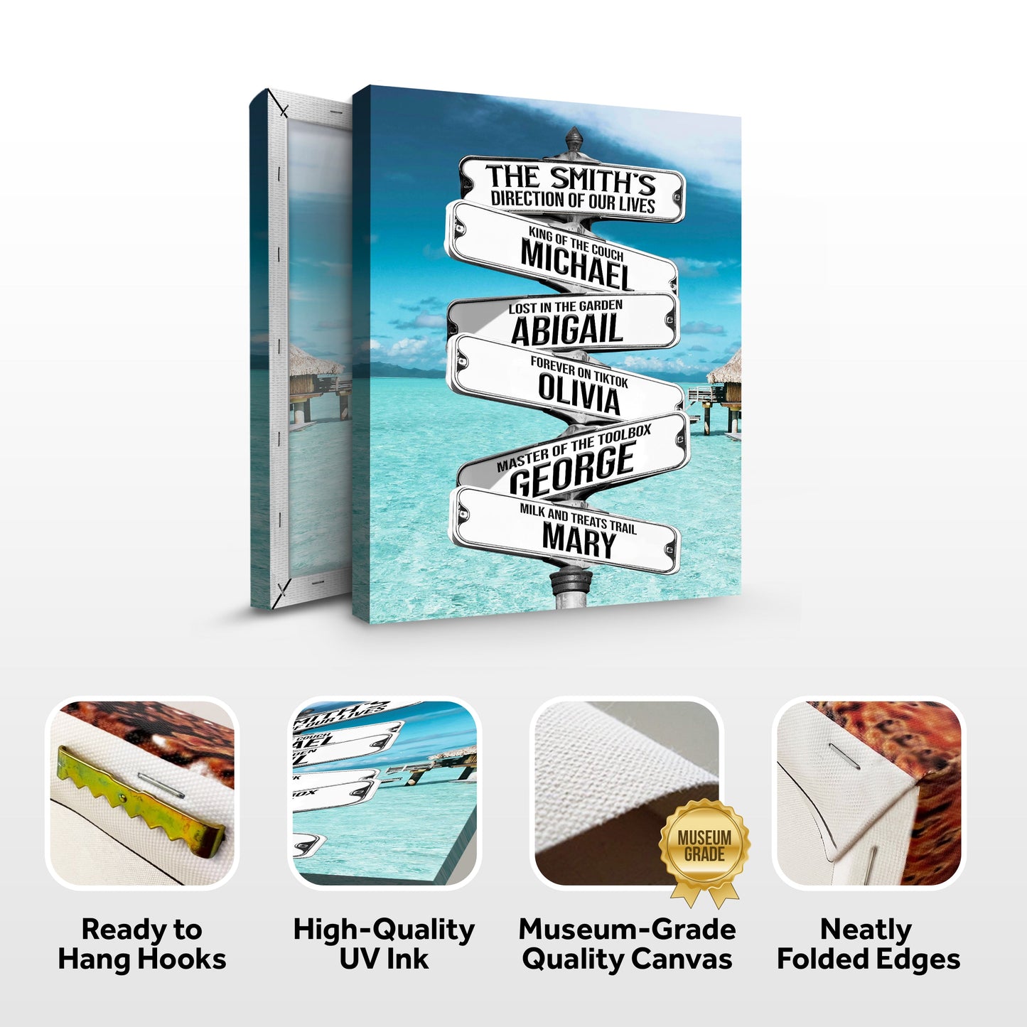 Canvas print Direction Of Our Lives Family Beach Names Sign by Tailored Canvases with name plaques on a beach backdrop on Tampa Home & Garden Store