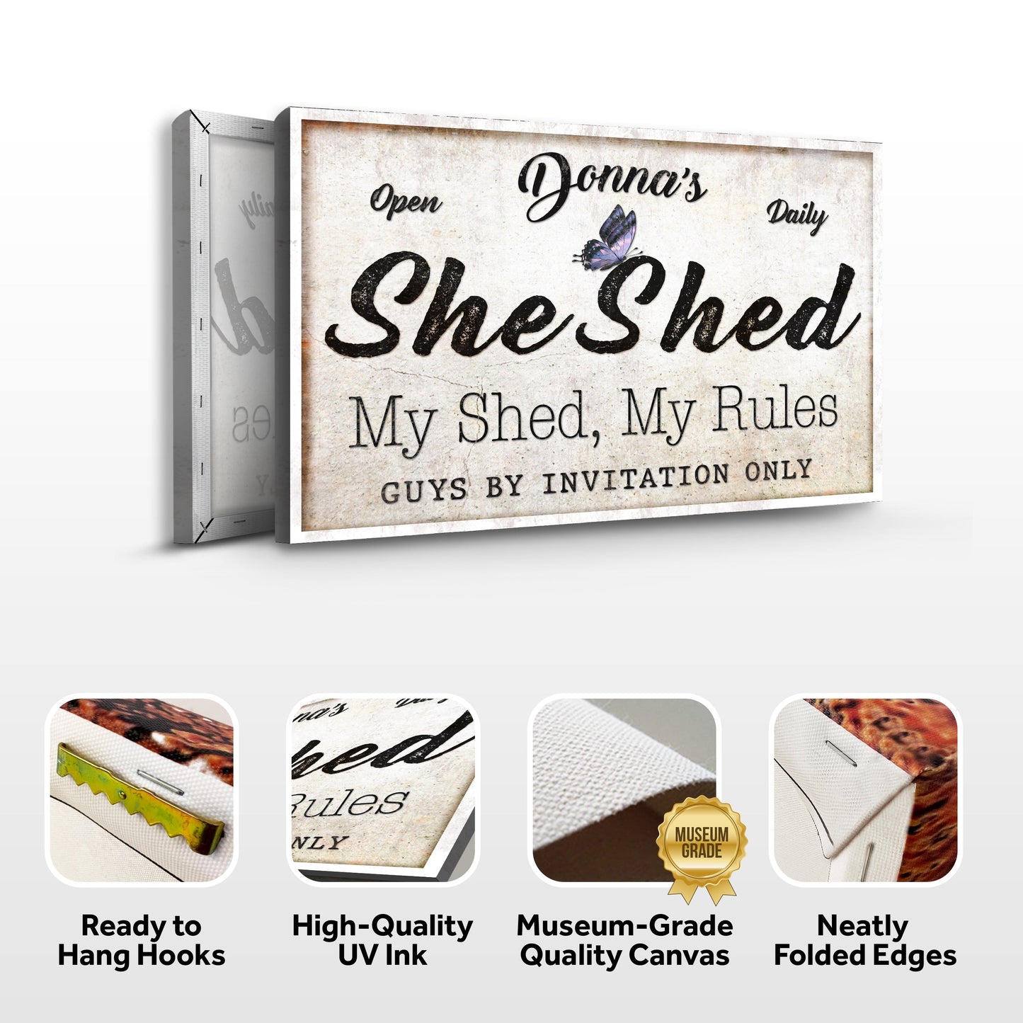 Personalized She Shed Sign canvas by Tailored Canvases with vintage beige texture and butterfly on Tampa Home & Garden Store
