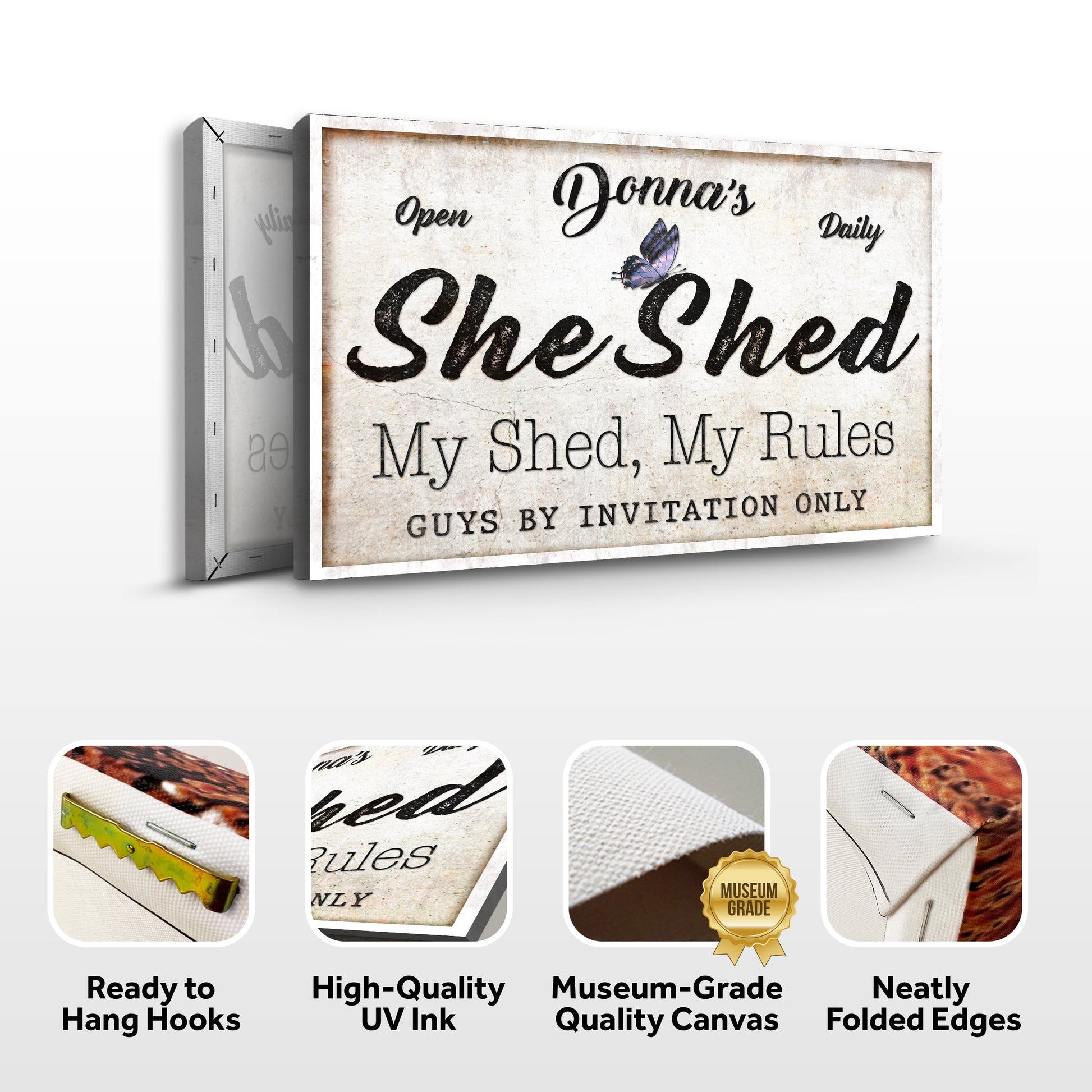 Personalized She Shed Sign canvas by Tailored Canvases with vintage beige texture and butterfly on Tampa Home & Garden Store