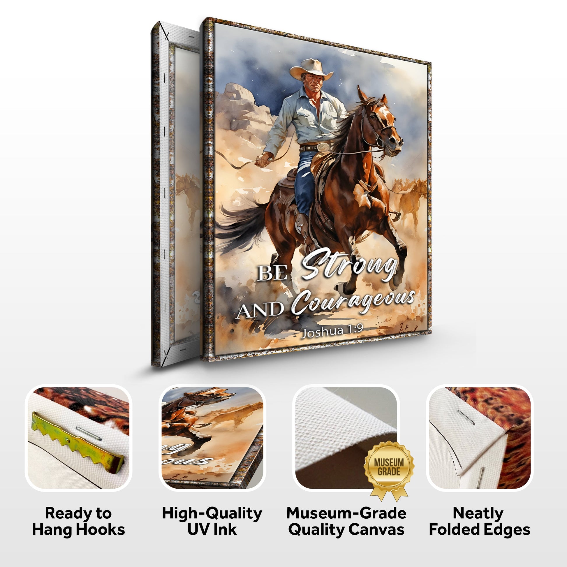 Tailored Canvases canvas faith sign Be Strong And Courageous Joshua 1:9 with cowboy on horse on Tampa Home & Garden Store
