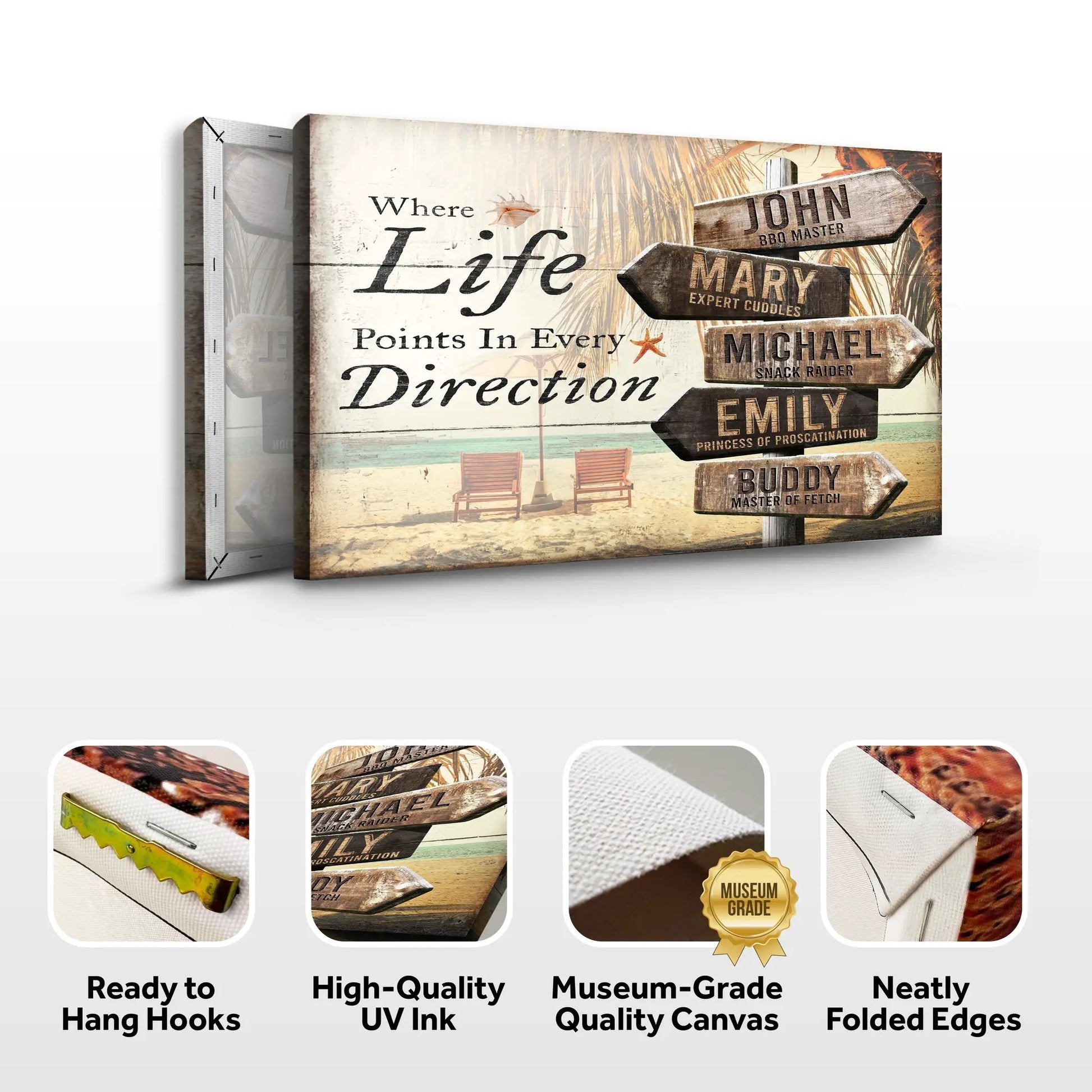 Where Life Points In Every Direction Family Names Sign canvas with wooden arrows Tailored Canvases on Tampa Home & Garden Store