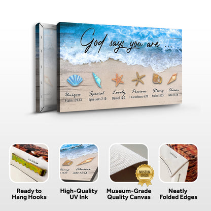Canvas sign God Says You Are Faith Sign II by Tailored Canvases with blue ocean waves and shells on Tampa Home & Garden Store
