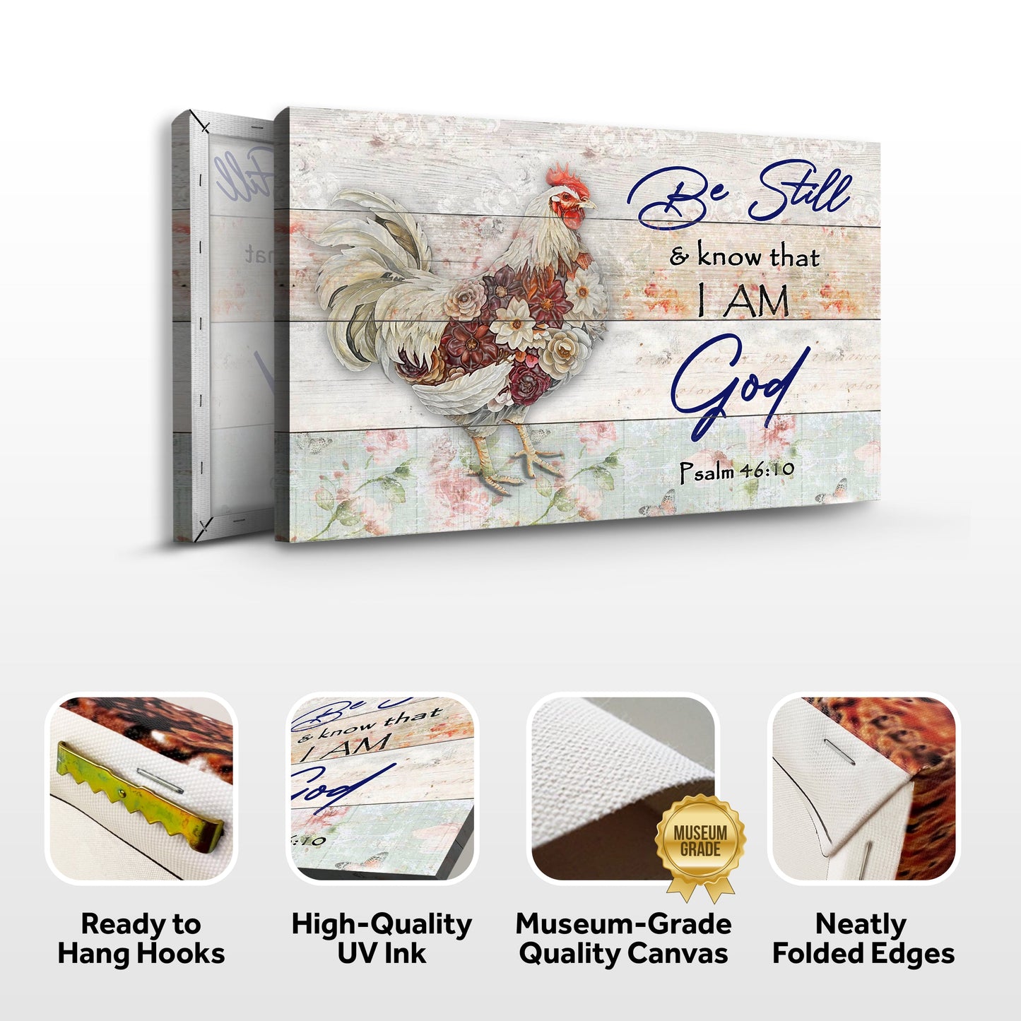 Be Still Faith Sign II canvas by Tailored Canvases with rooster and florals on whitewashed wood on Tampa Home & Garden Store