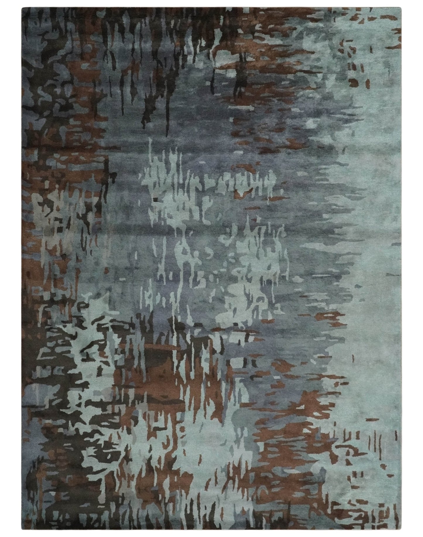Alfombra abstracta moderna de lana y seda artística, hecha a mano, de 8 x 11 en gris, plata y marrón