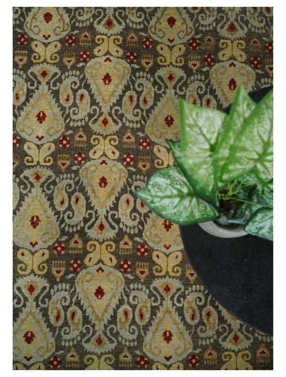 Tapis rond 8x8 en laine antique, noué à la main, brun et beige, style persan traditionnel vintage | AGR48