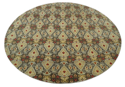 Tapis rond 8x8 en laine antique, noué à la main, brun et beige, style persan traditionnel vintage | AGR48