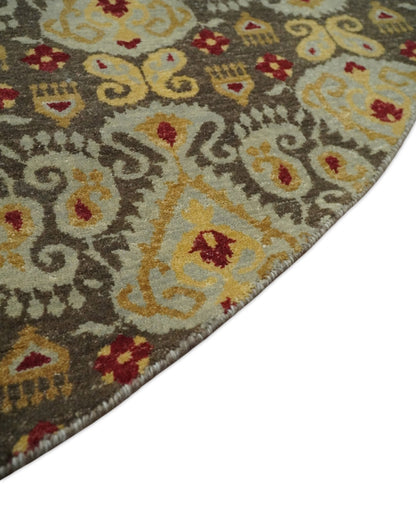 Tapis rond 8x8 en laine antique, noué à la main, brun et beige, style persan traditionnel vintage | AGR48