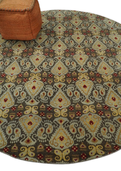 Tapis rond 8x8 en laine antique, noué à la main, brun et beige, style persan traditionnel vintage | AGR48